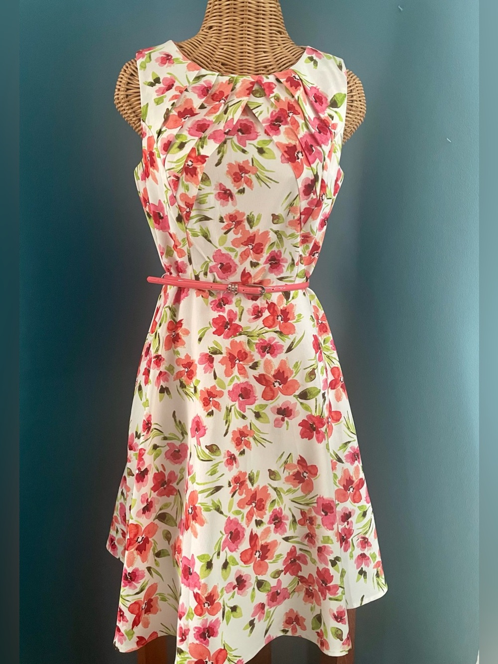 Floral Sleeveless Fit-and-Flare Dress in White with Coral Pink Blooms